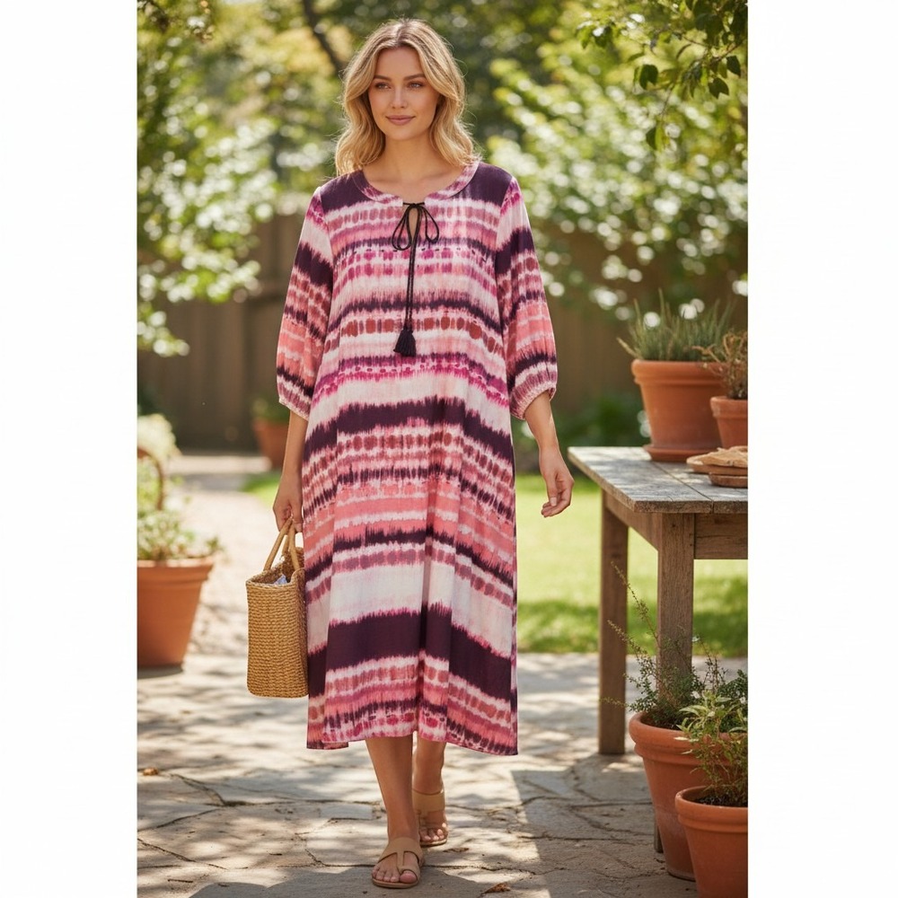 June + Vie Pink Purple Tie Dye Tassel Tie Neck Midi Dress Plus Size 3X 30/32